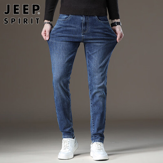 JEEP SPIRIT吉普牛仔裤男加绒加厚保暖直筒秋冬季男士修身休闲长裤子男