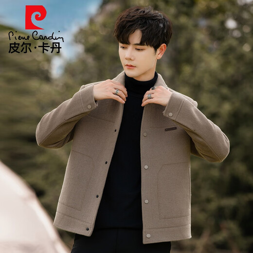皮尔卡丹翻领羊毛外套男士羊毛呢子大衣短款双面呢夹克男装春秋季英伦加厚 深灰色 (内含可拆卸羽绒内胆) XL 180