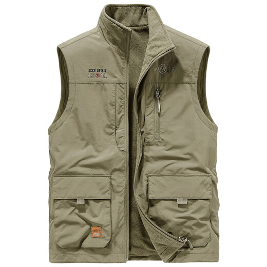 
JEEP SPIRIT stand-up collar vest for men wearing fleece slim fit large size workwear multi-pocket vest middle-aged vest Khaki 677A short velvet plus 3XL