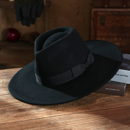 Kui Ying Oppenheimer hat same style big brim gentleman British retro wool Panama hat wide brim suit jazz hat classic black M (56-58cm suitable for 85% of head circumference)