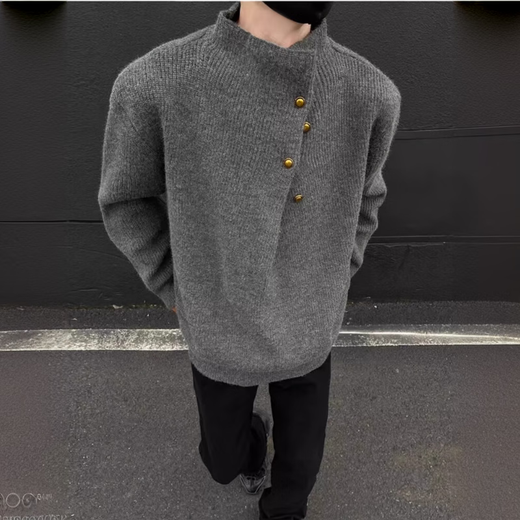 Yiran presents irregular button design turtleneck sweater for men, Korean trendy brand, handsome and lazy oversize sweater top, gray XL, recommended 140-160Jin Jin is equal to 0.5 kg