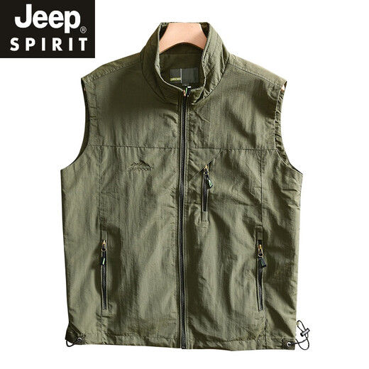 Jeep Spirit Outdoor Multi-Función Vest Menores de verano 2025 Summer delgado transpirable resistente al agua Collar Chaqueta de chaleco casual Summer Khaki verde L