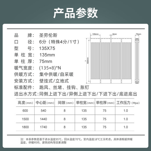 圣劳伦斯 暖气片家用水暖铜铝复合双水道暖气片集中散热自采暖定制散热器 三柱起订铜铝13575高 1800mm*1柱