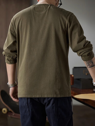 Xiaohongshu popular American Henry collar long-sleeved T-shirt for men loose 2025 autumn inner layering shirt for men retro Mocha brown S S80-100Jin Jin is equal to 0.5 kg