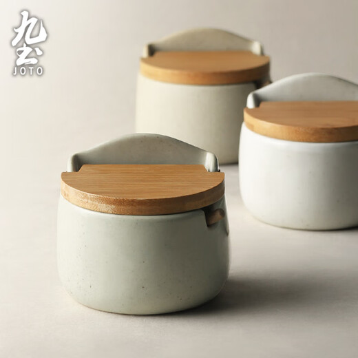 Jiutu retro seasoning jar, salt jar, kitchen household ceramic salt, MSG seasoning box with lid, spoon, seasoning jar, high-looking, rough ceramic model (comes with ceramic spoon, sticker)