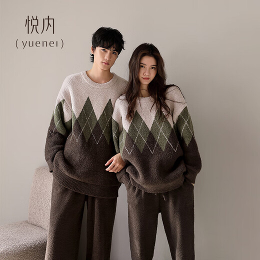 Yuenei Half Velvet Couple Pajamas Women's Autumn and Winter Coral Velvet Plus Velvet Warm Home Clothing Men's Pullover Set 34244 Tea Brown Men's L (Male 110-140 Jin Jin equals 0.5 kg / Female 110-120 Jin Jin equals 0.5 kg)