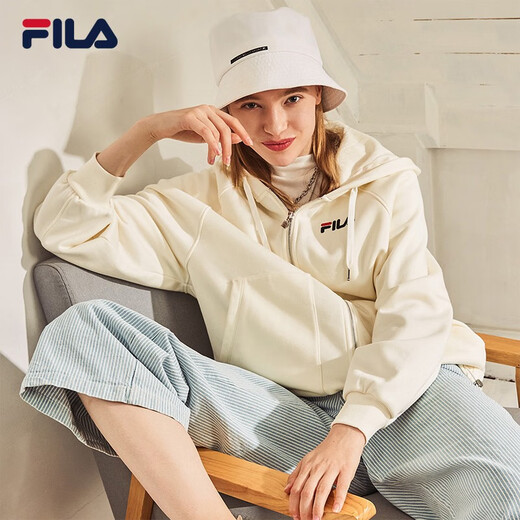 
FILA official women's jacket autumn top colorful trendy plus velvet warm cardigan hooded bear jacket milk salt white-F51W138599FIV (plus velvet) 160/80A/S