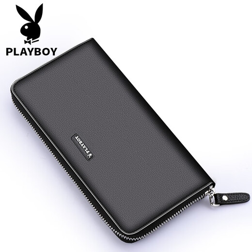 Playboy (Playboy) Menora de billetera para hombres Top Cow Wide Cowhide Long Zipper Bag Long Capacidad Posición de múltiples tarjetas Classic Black [Modelo clásico]