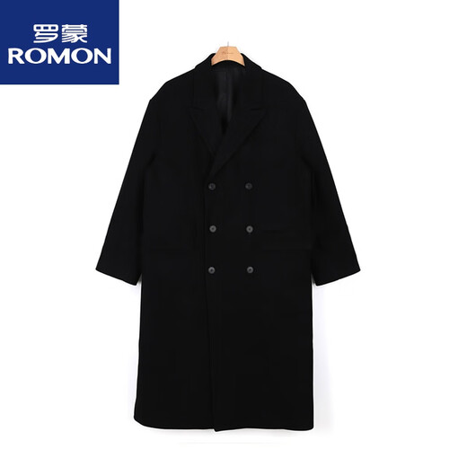 ROMON's new woolen coat, men's mid-length knee-length cashmere woolen double-sided wool windbreaker coat, winter Korean style coat, black and cotton (2024) XL