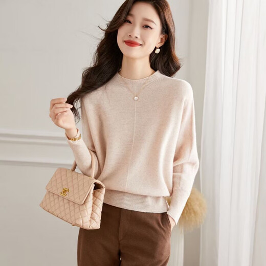 ROMON 2025 autumn new tops fashionable and elegant round neck solid color versatile base shirt long sleeve sweater women thin inner wear apricot color equal size
