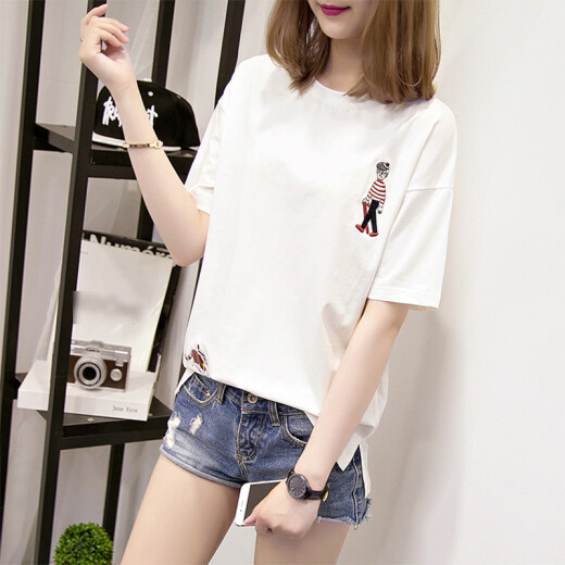 Langyue women's summer solid color short-sleeved T-shirt female students slim casual bottoming shirt Korean style fashion top LWTD191444 white M