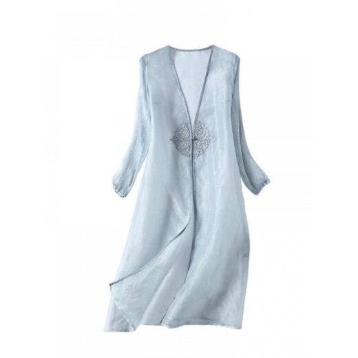 Manga china de marca de lujo de alta gama 2021 Cardigan de longitud media para mujeres Exteriores retro bordados bordados chaqueta cheongsam azul 6191 M90-115Jin [Jin equivale a 0.5 kg]