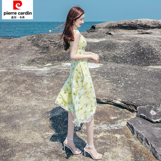 Pier Cardin Summer Usor 2025 Nouvelle femme chic pour femmes, robe à suspension de taille de tempérament sexy de la taille, robe sans manches jaune-green XL, suggère 115--125jin [Jin est égal à 0,5 kg]