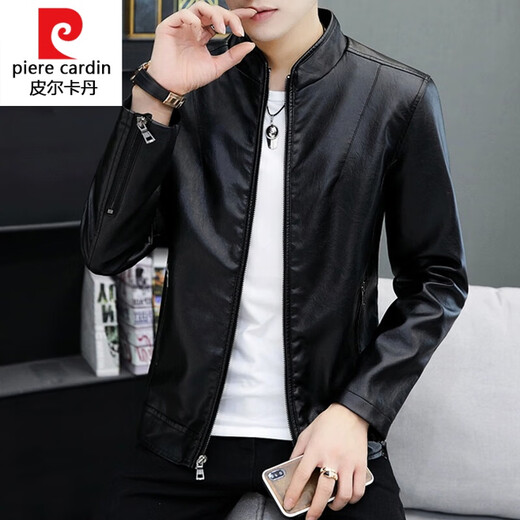 Pierre Cardin leather jacket men's 2025 new autumn and winter velvet thickened handsome casual motorcycle jacket leather jacket K new product black 1302 regular M