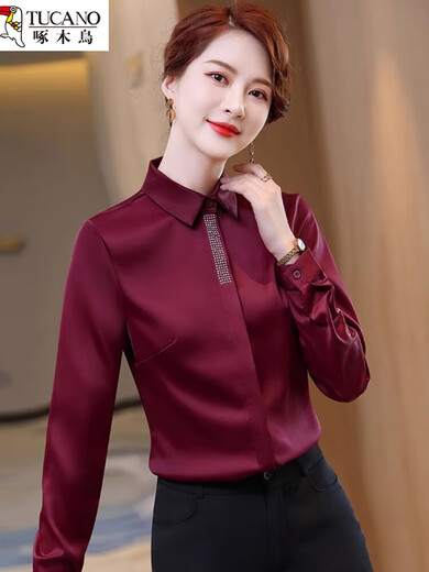 Woodpecker acetate satin shirt for women 2026 new autumn and winter velvet thickened small high-end professional chiffon shirt top single white shirt 1 S (suitable for 8089Jin Jin equal to 0.5 kg)