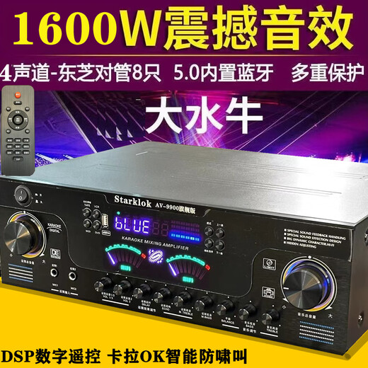 Starklok9900旗舰版 家庭卡拉OK大功率蓝牙功放机防啸叫功放音响扩音机支持光纤同轴四通道输出 9900升级版DSP防啸叫铝合金