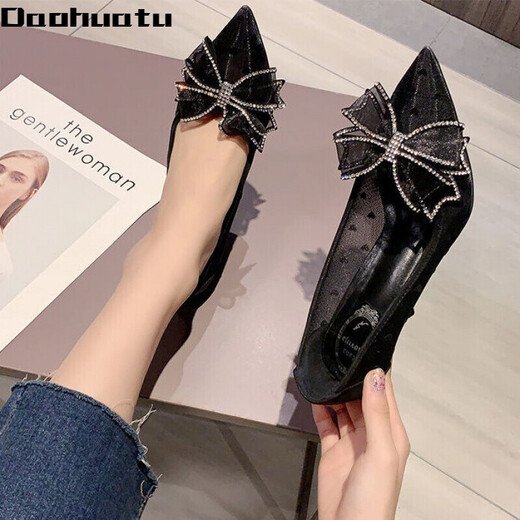 Daohuatu rhinestone bow high heels women's stiletto heels 2021 summer new versatile lace pointed crystal single shoes wedding shoes mesh black upgraded version 5 cm 35 standard size
