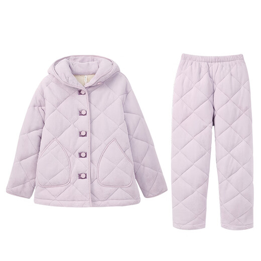 Anzhiban winter couple's pajamas, three-layer quilted thickening, warm and anti-static, long-sleeved, trousers, hooded home wear set A light gray purple M