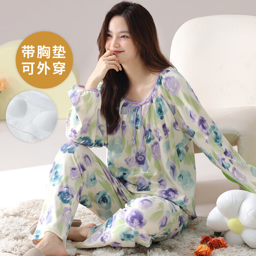 喏雅珘长袖睡衣套装女棉自带胸垫一体春秋季可外穿冬天大码家居服宽松 HRY1049 M码(建议75-95斤)