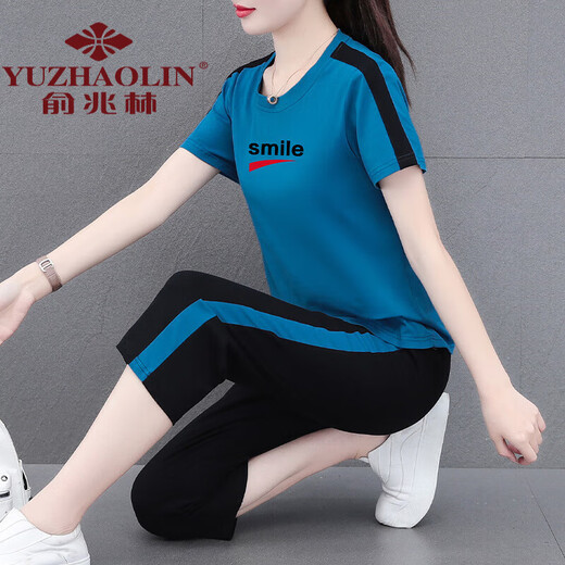 俞兆林妈妈装好棉运动服套装女夏季2024新款中年夏装休闲短袖七分裤两 宝蓝七分裤[687款] M (建议80-95斤)