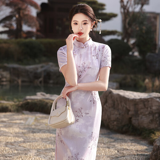 NUKM Cheongsam Chinese style long young 2025 summer new slim and elegant girl retro improved dress 6629 purple 3XL