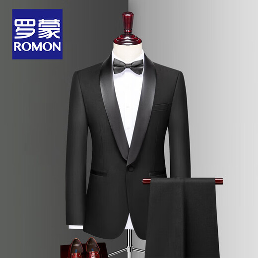 ROMON high-end customized groom's suit men's three-piece Korean version slim wedding small suit men's tuxedo dress black lapel collar = single suit + shirt 52/2XL size