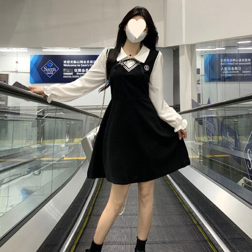 Sekong 2025 Autumn and Winter Nuevo vestido de empalme falso de dos piezas Slim Long Skirt College Black and White Color Skirt KME DMJ1098 Vestido largo XL [sugerido 115-130Jin [Jin equivale a 0.5 kg]]]