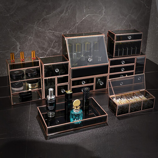 KAMAN Glass Cosmetics Storage Box Light Luxury Dustproof Desktop Dressing Table Skin Care Product Storage Rack 520 Gift for Wife Gilt Set of Two Dustproof Top + Three Drawers