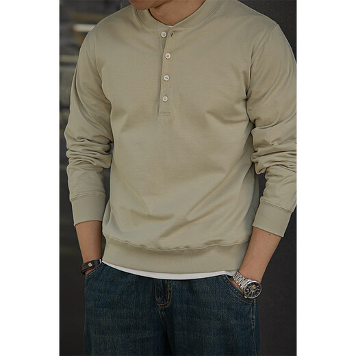 American Retro Retro Heavy Cotton Baseball Collar Henry Shirt T-shirt Amei Kaji Tough Guy Style Base Shirt Men's Spring Wheat Color XL