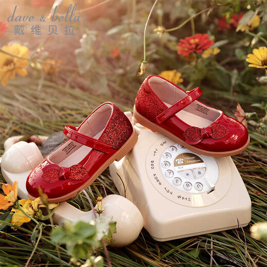 DAVE&BELLA Girls New Year Princess Shoes Children's Red Leather Shoes Children's Performance Shoes Spring New Baby Girls Shoes Red Spot Size 21