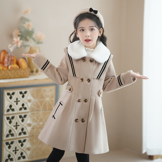 Disney (Disney) Mädchenmantel Winterwolle 2024 neuer Stil koreanischer Stil mittelgroßer gesteppter Wollmantel für kleine Mädchen 8886 Aprikosenhut + Kaninchen normaler Stil 150