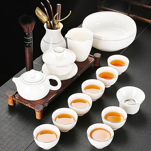 Jingci Zhai Dehua white porcelain mutton-fat jade Kung Fu tea set for home living room making tea in the office simple tea cup gold-painted-Xi Shi pot set (cup with words) 14 pieces