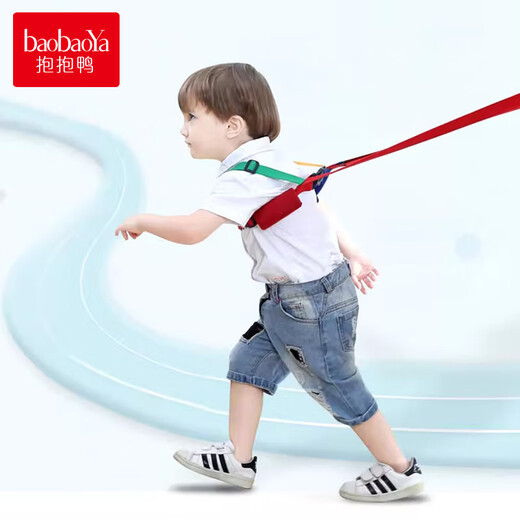 抱抱鸭 儿童安全带牵引绳防走失带宝宝学步带婴儿防丢绳学走路透气防勒 蓝配红-透气款-约1.2米绳