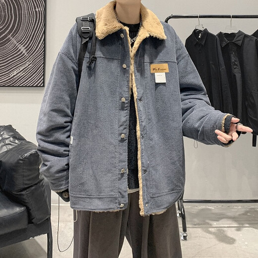 POUM coat men's jacket spring and autumn lamb wool plus velvet thickened trendy brand cotton jacket corduroy Jinjiang cotton top clothes LTT-7862 Khaki XL