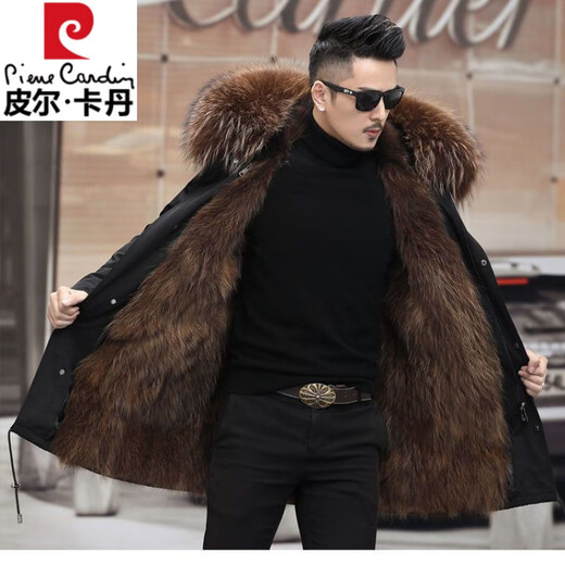 Pierre Cardin Parker Men's Winter New Mid-Length Fur All-in-One Coat with Removable Raccoon Fur Liner Fur Jacket Brown Liner-Mid-Length M No. 165 100Jin Jin is equal to less than 0.5 kg