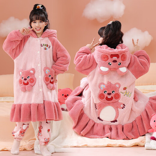 Manidu autumn and winter children's warm baby girl's pajamas set coral velvet nightgown home girl's hooded girl's home clothes WH7822 nightgown set 120 12 size recommended 35Jin Jin equals 0.5kg -45Jin Jin equals 0.5kg