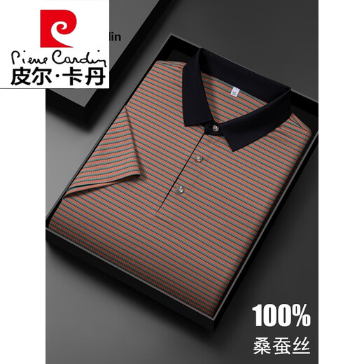 皮尔卡丹（pierre cardin）桑蚕丝短袖polo衫男士翻领夏季冰 丝薄款中年条纹 T 恤 13563#兰色 48/M