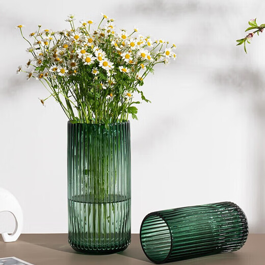 Shengshi Taibao glass vase transparent Roman column style large vase living room hotel light luxury decorative ornaments dark night green 25cm