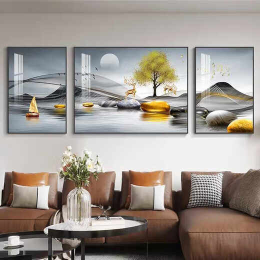 
Chengzai Shilai Runs Living Room Decoration Painting Sofa Background Wall Landscape Hanging Painting Modern Light Luxury Atmospheric Triple Mural JD13571 Left and left 50*70 Middle 90*70 Textured Oil Canvas Aluminum Alloy Black Frame
