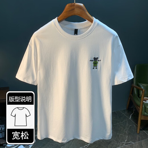 罗蒙高端轻奢潮牌短袖t恤男士2025夏季新款圆领半袖印花宽松体恤上衣 1098白色T恤 M