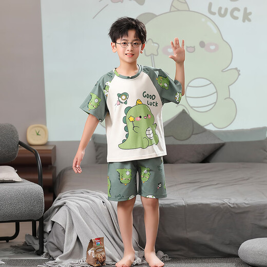 
Boys pajamas summer pure cotton loose short sleeve thin suit children boy medium-sized children dinosaurs wear home clothes XP897 green dinosaur 140 little boy 16 size height 135-140cm70Jin [Jin equals 0.5 kg]