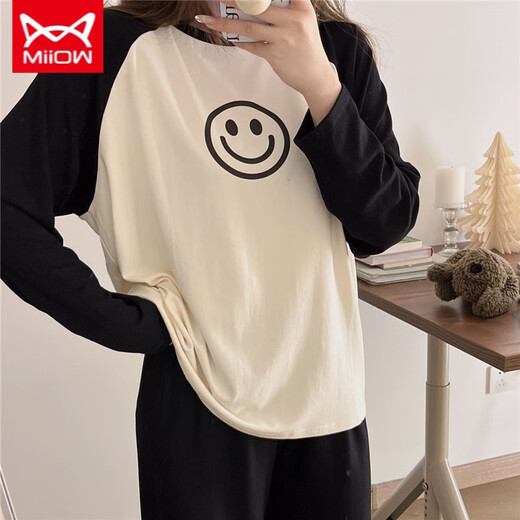 Catman MIIOW new internet celebrity style pajamas for women in spring and autumn long-sleeved trousers for thin smiling home clothing set 5009 solid color large plaid gray L (95-110Jin[Jin equals 0.5 kg])