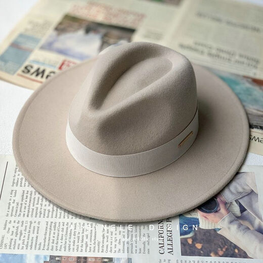 ALBINELE French new autumn and winter flat-brimmed woolen hat for men and women, fashionable wide brim black versatile European and American large head circumference camel mixed camel (fashionable) M size 54-57cm head circumference (regular) adjustable