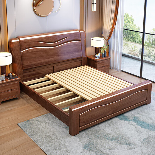 Zihua Massives Holzbett, goldene Walnuss -Single und doppelte 1,8 Meter 1,5 m chinesische leichte Luxushochschubladenaufbewahrungsbett 826# Festholzbett (verbessertes stiles Betttafel) 1,5 m*2,0 m