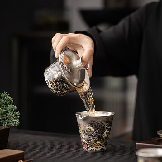 SUSHI CERAMICS gilt silver ink dragon Sancai bowl tea set set intangible cultural heritage master Zheng Wenqiang's gift box Kung Fu tea set