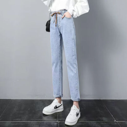 荣西图（RONGXITU）月袖小直筒牛仔裤女松紧腰春款2023年新款高腰显瘦弹力裤子修身烟 9928款【蓝灰色】 M 建议95-105斤
