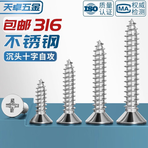 Tianzhuo Hardware National Standard 316 stainless steel cross countersunk head self-tapping screws extended flat head pointed tail wood screws M2M3M4M5M6mm M4*40- 5 pcs