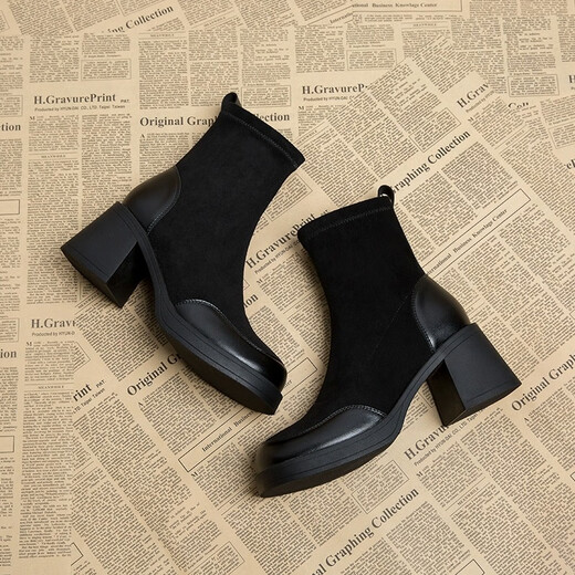 Lu Rang Song Frauen Martin Boots Frauenschuhe dicke Ferse plus Fleece-Stiefel Frühling und Herbst Neue High-End Korean kleine Knöchelstiefel modische kurze Stiefel Dünne Stiefel Schwarze Heel Höhe 6 cm 38