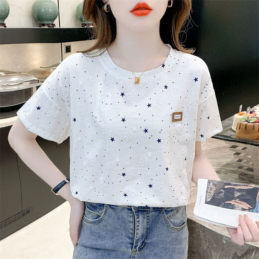 Zhidou Dou DOU Damen Kurzarm Top Damen Mode weißes T-Shirt 2024 Neuer Stil Mode High-End-Ins Trendy 1396# STAR# S S Empfohlen 80-Jin [Jin ist 0,5 kg]