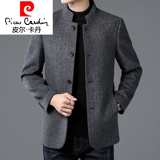 Pierre Cardin double-sided cashmere jacket middle-aged men's casual short lapel woolen coat parka 11207 gray stand-up collar diagonal pockets 175/92A